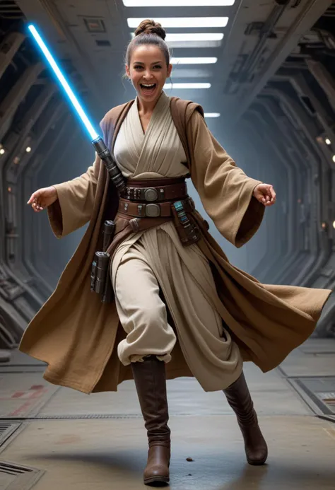 (medium full shot) of (desirable jedi) female zabrak, top knot, wearing a traditional Jedi robe,utility Jedi belt with pouches,ankle-length Jedi boots, arm wraps, lightsaber with white blade, laughing, jumping in the air, set in  a rugged, battle-scarred spaceship, with worn interiors and the scent of engine oil, a place of resilience and strength, at dawn, Masterpiece,best quality, photorealistic, amazing quality, very aesthetic, extremely detailed face,