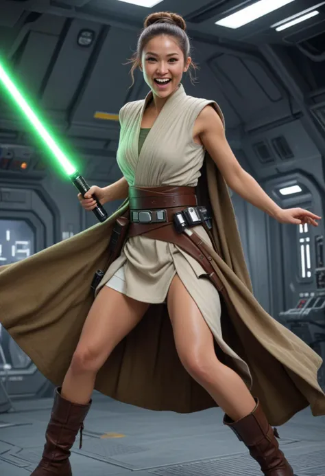 (medium full shot) of (lovely jedi) female asian, brown eyes, light skin, top knot, wearing a sleeveless Jedi robe,wide leather belt with compartments,soft suede boots, long cloak, holding lightsaber with green blade, laughing, jumping in the air, set in Siege of a Starbase, Chaotic space station with flashing alarms, troopers in combat, hull breaches, flickering lights, and the sound of distant explosions, at twilight, Masterpiece,best quality, photorealistic, amazing quality, very aesthetic, extremely detailed face,