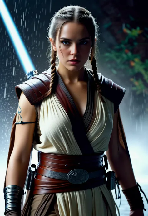 (medium full shot) of (gorgeous jedi) female zabrak, long hair with a braid, wearing a ceremonial Jedi robe,rugged leather belt,reinforced combat boots, arm wraps, double-bladed lightsaber, surprised, open mouth, running toward the viewer, set in  a tranquil meditation chamber, with soft lighting and the sound of flowing water, a place of peace and reflection, at twilight, ,Masterpiece,best quality, photorealistic, amazing quality, very aesthetic, extremely detailed face,