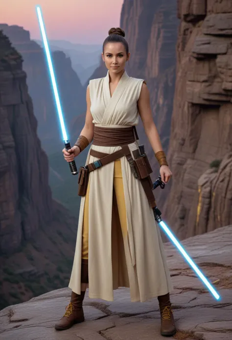 (medium full shot) of (desirable jedi) female mirialan, top knot, wearing a sleeveless Jedi robe,utility Jedi belt with pouches,worn-out Jedi boots, arm wraps, holding lightsaber with yellow blade, smiling at the viewer, set in  precipitous cliffs where the Jedi test their limits, pushing themselves to the brink in search of enlightenment and understanding, at twilight, Masterpiece,best quality, photorealistic, amazing quality, very aesthetic, extremely detailed face,