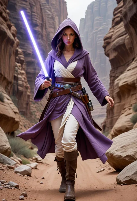 (medium full shot) of (bonnie jedi) female chiss, hair, wearing a hooded Jedi robe,woven fabric belt,tall leather boots, utility belt with pouches, lightsaber with purple blade, surprised, open mouth, running toward the viewer, set in  a rocky desert canyon, with towering cliffs and narrow passages, where the ground is littered with stones and the air is cool and dry, in a battle, Masterpiece,best quality, photorealistic, amazing quality, very aesthetic, extremely detailed face,