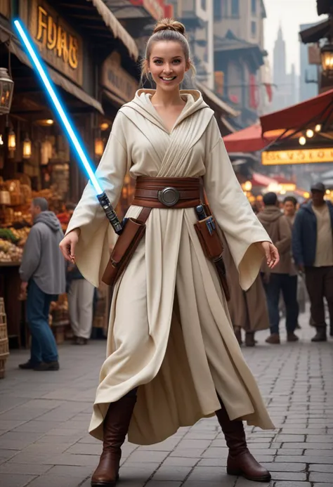 (medium full shot) of (esthetic jedi) female nautolan, top knot, wearing a hooded Jedi robe,wide leather belt with compartments,lightweight leather boots, Jedi communicator, holding crossguard lightsaber, laughing, jumping in the air, set in  a sprawling city marketplace, with vendors selling exotic goods and the air filled with the scents of spices and food, at dawn, Masterpiece,best quality, photorealistic, amazing quality, very aesthetic, extremely detailed face,