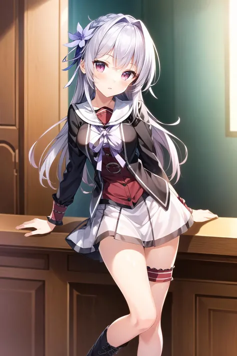 Alisa Mikhailovna Kujou、blush,smile、Silver Hair、Blue Eyes、uniform、Red ribbon、Ahoge、Usual hairstyle、Beautiful legs、Full body view、Highest quality, High resolution, unity 8k wallpaper, (shape:0.8), (Beautiful and beautiful eyes:1.6), Highly detailed face, Perfect lighting, Highly detailed CG, (Perfect hands, Perfect Anatomy),
