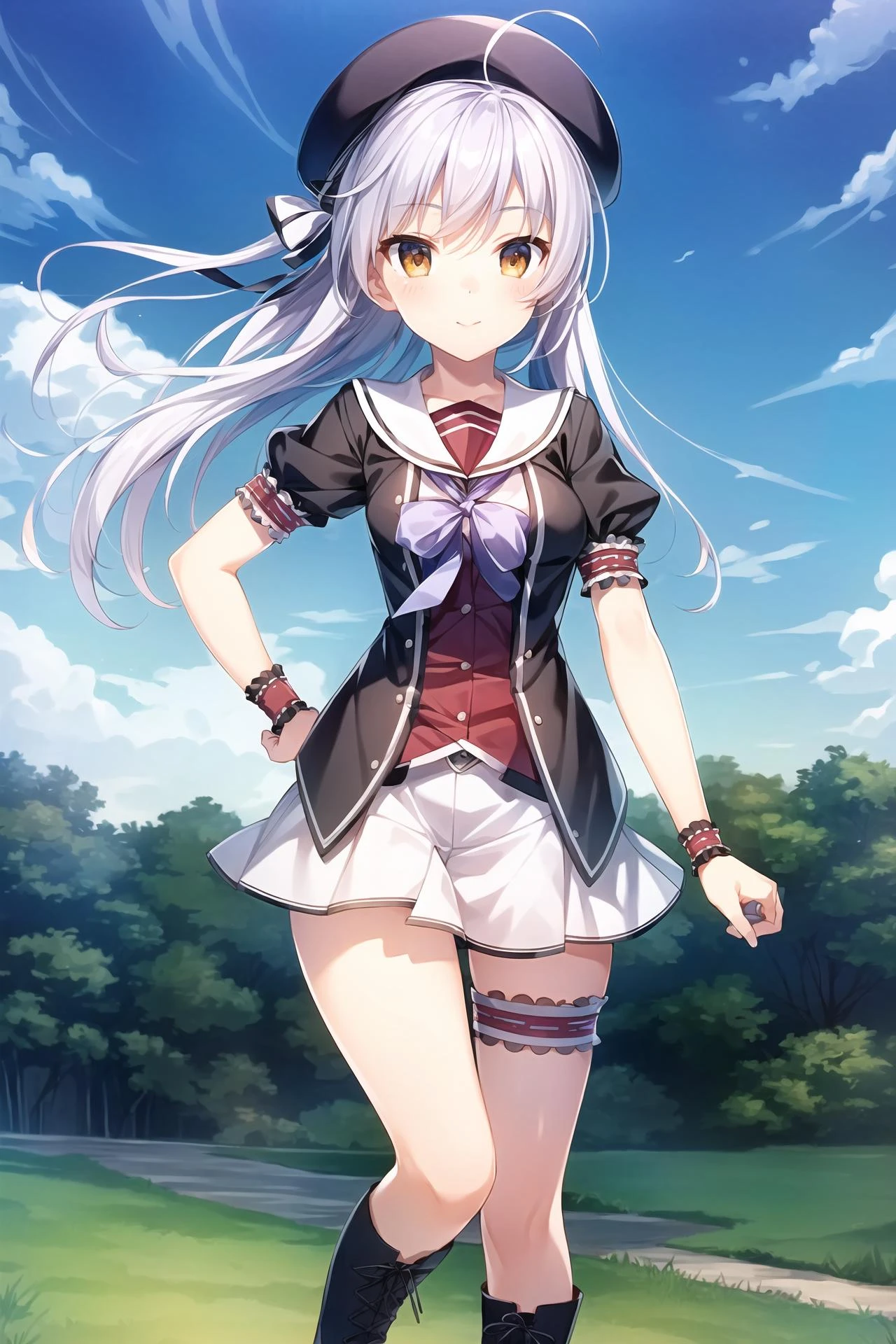 masterpiece, best quality, detailed face,(ultra hi res:1.2),(illustration:1.3),(game cg:1.2),(official concept art: 1.2),
(1girl:1.5),
(:1.2),
kawaii,
BREAK
(small breasts:1.1) ,
(slender),
black jacket, short sleeves, thigh band, white skirt,
cross-laced boots,
red purple shirt,
(cdy:1.4),
<lora:ren_cos_V2:0.8:MIDD>,
BREAK
<lora:add_detail:0.5>,
orange color eyes,
long hair,
beret,
ahoge,
beige hair,