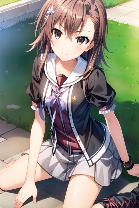 masterpiece,best quality,ultra detail, girl, short brown hair, purple eyes, short skirt, panties in sightsailor uniform,school garden, open mouth, shy, blush, detailed hands, detailed fingers, viewer's view from below, (chibi:0.6), (chibi breast:0.6), very detailed hands, without errors, sweaty thighs