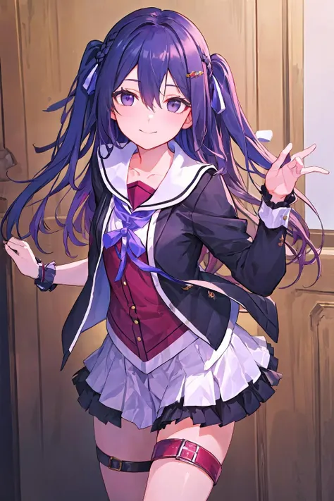 ((masterpiece)),(best quality),official art,extremely detailed CG,unity 8k wallpaper,ultra detailed,beautiful detailed eyes,extremely detailed face,1girl,solo,cowboy shot,looking at viewer,facing viewer,smile,ahoge,blue hair,very long hair,hair ribbon,black ribbon,sidelocks,bangs,purple eyes,collared shirt,white shirt,pink bow,long sleeves,medium breasts,black skirt,pleated skirt,frilled skirt,black pantyhose,black footwear,cross-laced footwear,lace-up boots,