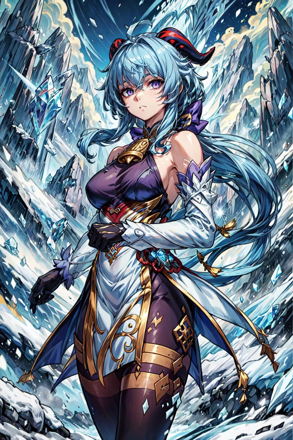 1girl, solo, <lora:Ganyu_Genshin:0.6> Ganyu_Genshin, long hair, blue hair, purple eyes, horns, bare shoulders, neck bell, black pantyhose, detached sleeves, black gloves, pelvic curtain, outdoors, mountain, <lora:add_detail:0.7>, <lora:Concept - Cryomancer:0.3>, ice-flurry, ice-arrow, ice, crystal, ice flower, magic, dynamic pose, holding a bow weapon, <lora:tachi-e:1>, white background, cowboy shot,