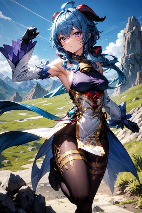 1girl, solo, <lora:Ganyu_Genshin:0.5> Ganyu_Genshin, long hair, blue hair, purple eyes, horns, bare shoulders, neck bell, black pantyhose, detached sleeves, black gloves, pelvic curtain, outdoors, mountain, <lora:add_detail:0.7>, dynamic pose,