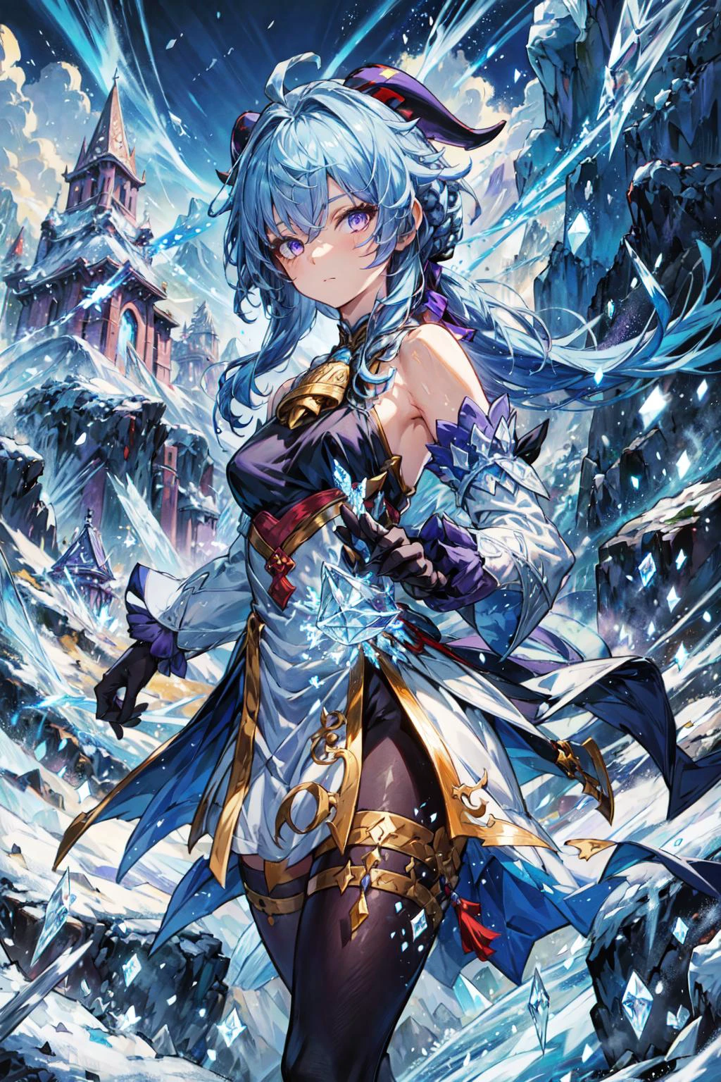 1girl, solo, <lora:Ganyu_Genshin:0.6> Ganyu_Genshin, long hair, blue hair, purple eyes, horns, bare shoulders, neck bell, black pantyhose, detached sleeves, black gloves, pelvic curtain, outdoors, mountain, <lora:add_detail:0.7>, <lora:Concept - Cryomancer:0.3>, ice-flurry, ice-arrow, ice, crystal, ice flower, magic, dynamic pose, holding a bow weapon, <lora:tachi-e:1>, white background, cowboy shot,