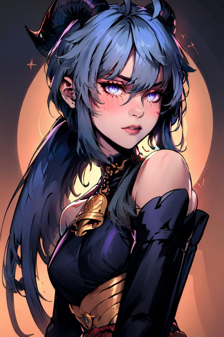 <lora:Minimalistic_Style:0.8>, black background, blue glow, upper body,
((masterpiece,best quality)), absurdres,
<lora:Ganyu_Genshin:0.8>, Ganyu_Genshin, 1girl, solo, long hair, blue hair, purple eyes, low ponytail, ahoge, horns, long hair, low ponytail, ahoge, horns, bare shoulders, neck bell, gold trim, white sleeves,
looking at viewer, upper body, blush, detailed eyes