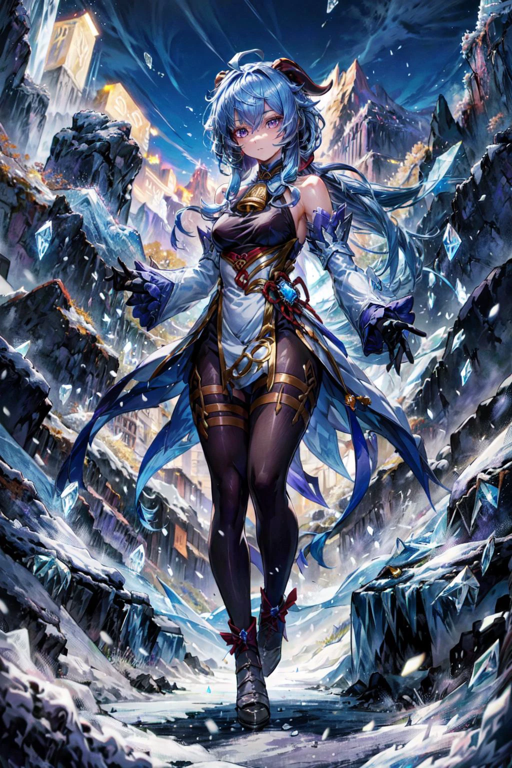 1girl, solo, full body, <lora:Ganyu_Genshin:0.8> Ganyu_Genshin, long hair, blue hair, purple eyes, horns, bare shoulders, neck bell, black pantyhose, detached sleeves, black gloves, pelvic curtain, outdoors, mountain, <lora:add_detail:0.7>, <lora:Concept - Cryomancer:0.3>, ice-flurry, ice-arrow, ice, crystal, ice flower, magic, dynamic pose, holding a bow weapon,