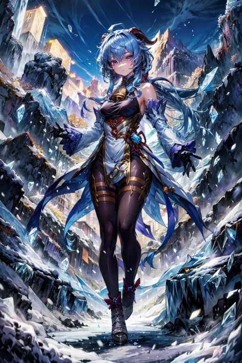 1girl, solo, full body, <lora:Ganyu_Genshin:0.8> Ganyu_Genshin, long hair, blue hair, purple eyes, horns, bare shoulders, neck bell, black pantyhose, detached sleeves, black gloves, pelvic curtain, outdoors, mountain, <lora:add_detail:0.7>,  <lora:Concept - Cryomancer:0.3>, ice-flurry, ice-arrow, ice, crystal, ice flower, magic, dynamic pose, holding a bow weapon,