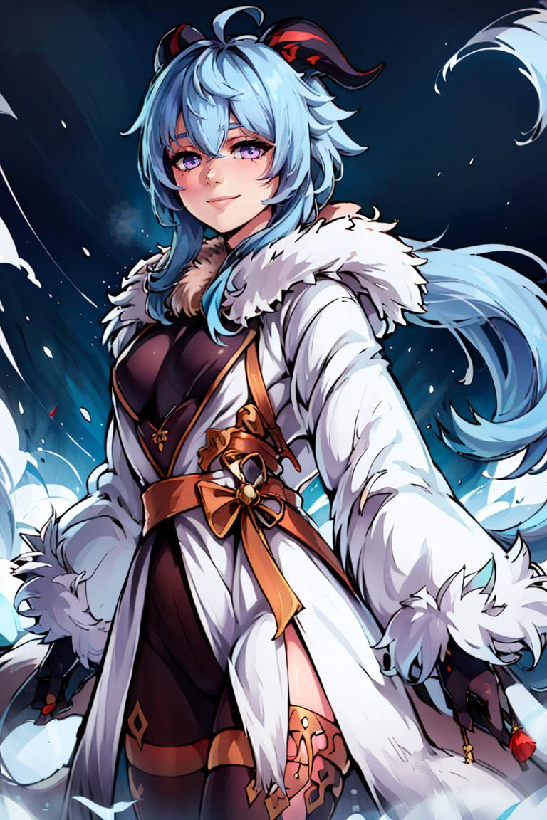 ((masterpiece,best quality)), absurdres, <lora:Ganyu_Genshin:0.8>, Ganyu_Genshin, 1girl, solo, long hair, blue hair, purple eyes, low ponytail, ahoge, horns, long hair, low ponytail, ahoge, horns, smile, looking at viewer, cowboy shot, (fur coat:1.5), cowboy shot,