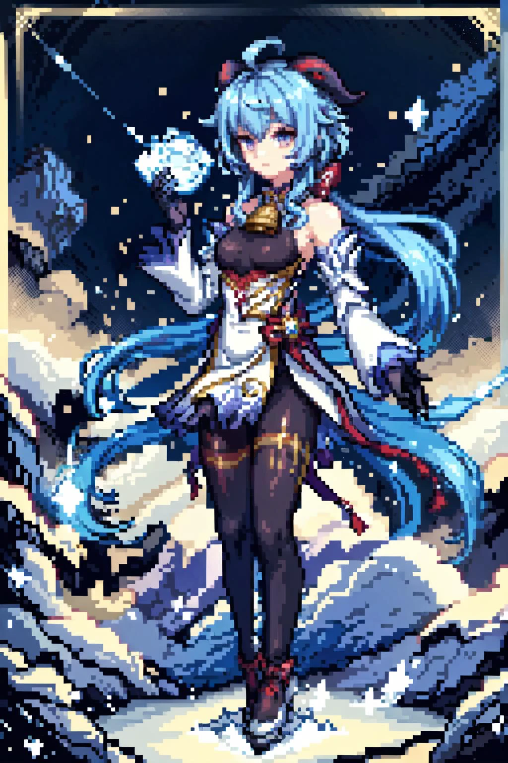 1girl, solo, full body, <lora:Ganyu_Genshin:0.8> Ganyu_Genshin, long hair, blue hair, purple eyes, horns, bare shoulders, neck bell, black pantyhose, detached sleeves, black gloves, pelvic curtain, outdoors, mountain, <lora:add_detail:0.7>, <lora:Concept - Cryomancer:0.3>, ice-flurry, ice-arrow, ice, crystal, ice flower, magic, dynamic pose, holding a bow weapon,