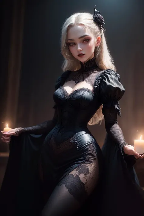 (((medium full shot))), (Masterpiece, photorealistic, photorealism, best quality, ultra-detailed:1.3), (nice hands, perfect hands), official art, cinematic light, (1girl:1.3), adult, Gothic style famous artwork by (lucas graciano:1.2) and (jesper ejsing:1.2) and (anato finnstark:1.4) and (guweiz:1.1), (dramatic scene:1.3), (fractal art:0.4), baloch female glamour model with Light blonde hair, wearing lace trim gala dress, leg cross, crossing one leg over the other, evoking a sense of elegance and intrigue, looking Pensive, Eyes focused inward, brow furrowed, and lips pursed. Dark, mysterious, haunting, dramatic, ornate, detailed