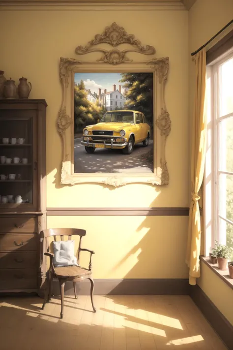 a yellow wall with a large framed oil painting of a car