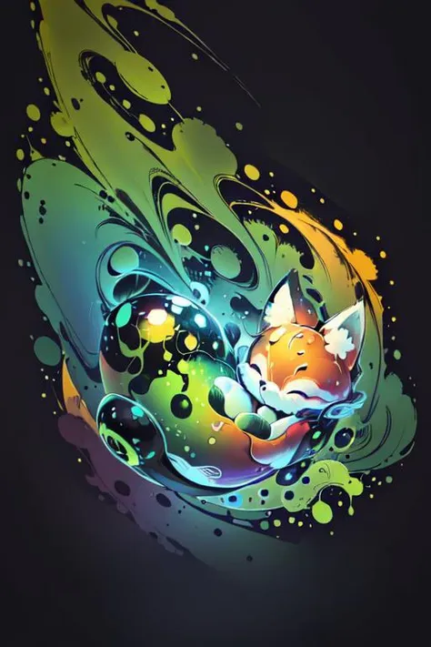 the jelly fox is curled up into a ball and levitating in the center of the image, drops of green water levitate, ((dark background)), bright colors, watercolor art style, abstract expressionism, maximalism, brush strokes, ((blurred edges of the picture)),  <lora:more_details:-0.3>,  <lora:cute00d:1>