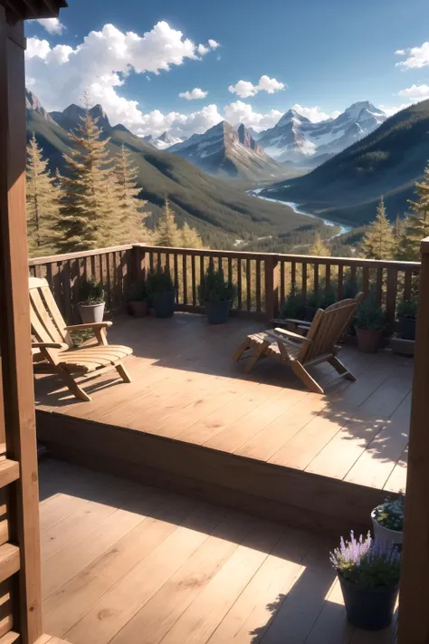 a wooden deck overlooking a mountain valley