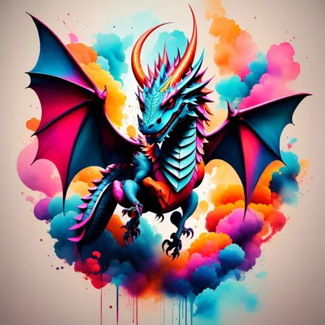 tshirtdesign, (full body shot), a flying colorful dragon, fire breath, watercolor art style, intricate, detailed, motion blur, (muted colors:1.5), <lora:T-shirt_Design_v1a-10:1>