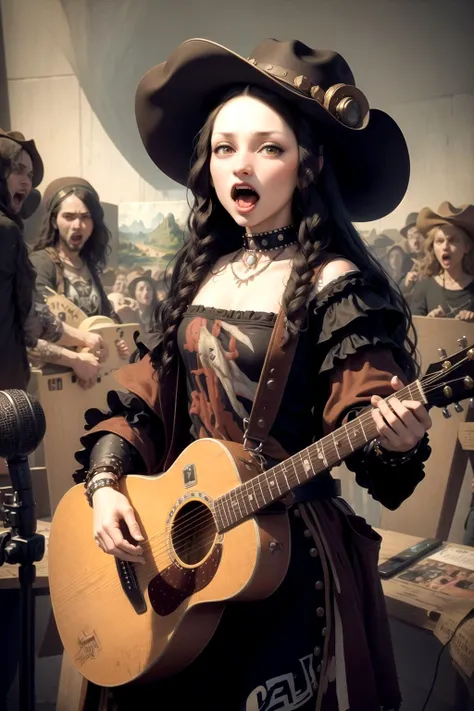 the mona lisa wearing a cowboy hat and screaming a punk song into a microphone
