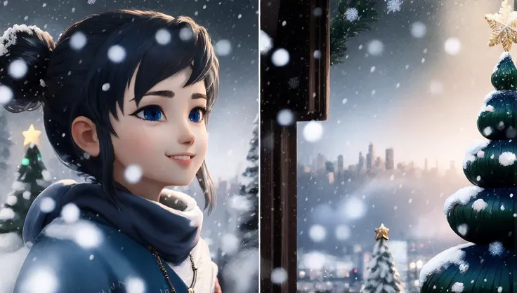 (masterpiece:1.2), detailed, detailed light, detailed shadows, (intricate details:1.15), a girl, 1girl, full body,sexy pose,in front of camera, on the snowing city, falling snowflakes,cold,blowing of steam,next to a Christmas tree, smiling,blue eyes,looking at viewver, <lora:kena:1>