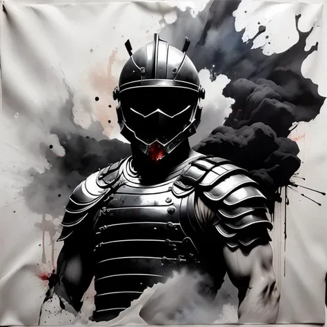 tshirtdesign, roman soldier in armor. Trail of blood. Spray of blood  Motion blur, Charcoal and acrylic paint, minimalistic, stylistic, dynamic <lora:T-shirt_Design_v1a-10:1>