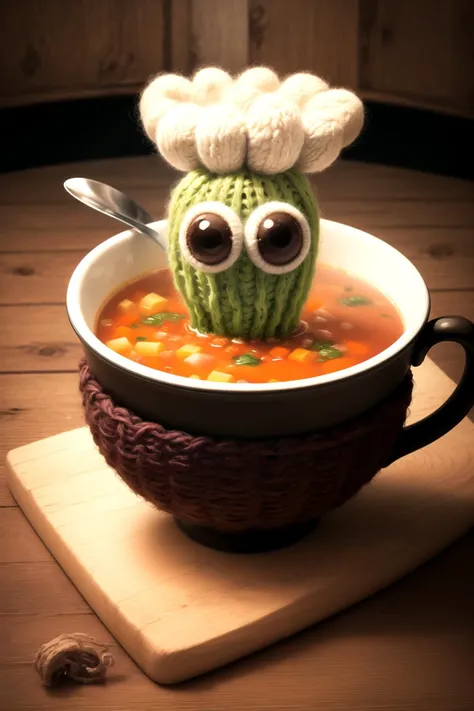 A bowl of soup that looks like a monster knitted out of wool