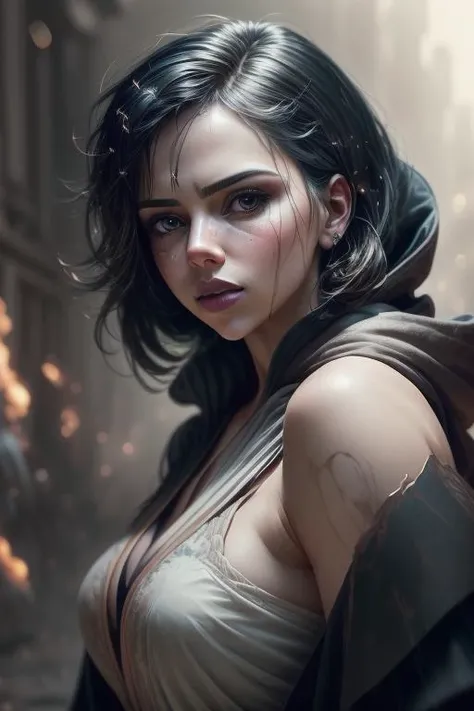 beautiful frd_face, phoenix dress, warrior, attractive, windswept black hair, outdoors, cinematic shot, detailed background, ruined city, broken skyscrapers, bare forehead, bats, intricate engravings. embroidered cloak, (thunderstorm), rainy, wet hair, golden hour,  intricate shirt
, best quality, masterpiece, intricate details, (tfft), messy ponytail
,  <lora:tfftSidebangsHair_v1:1.0>   <lora:tensorfunkLoraVersion_v10:0.6>  <lora:epiNoiseoffset_v2:0.7>  <lora:zovyasWetHair_v1:0.5>   <lora:matureFemaleLoha_v420:0.4> <lora:dollLikenessByEDG_frenchDollLikeness:0.8> <lora:phoenixdress_v10:0.5>