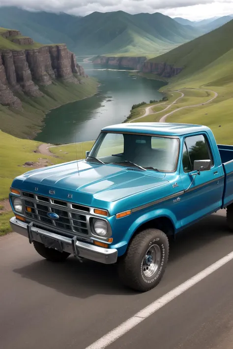 Three-quarters front view of a blue 1977 Ford F-150 coming around a curve in a mountain road and looking over a green valley on a cloudy day.