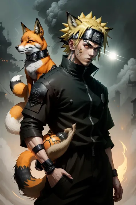 technoballx,[dark fantasy:science fiction:0.75],
(Cosplay as Naruto Uzumaki from Naruto) with an orange and black jumpsuit, a forehead protector, and a fox-like tail.,
dark themed,spotlight,volumetric lighting,steam,fog,
<lora:technoballx-000040:0.65>,
<lora:GoodHands-beta2:0.75>