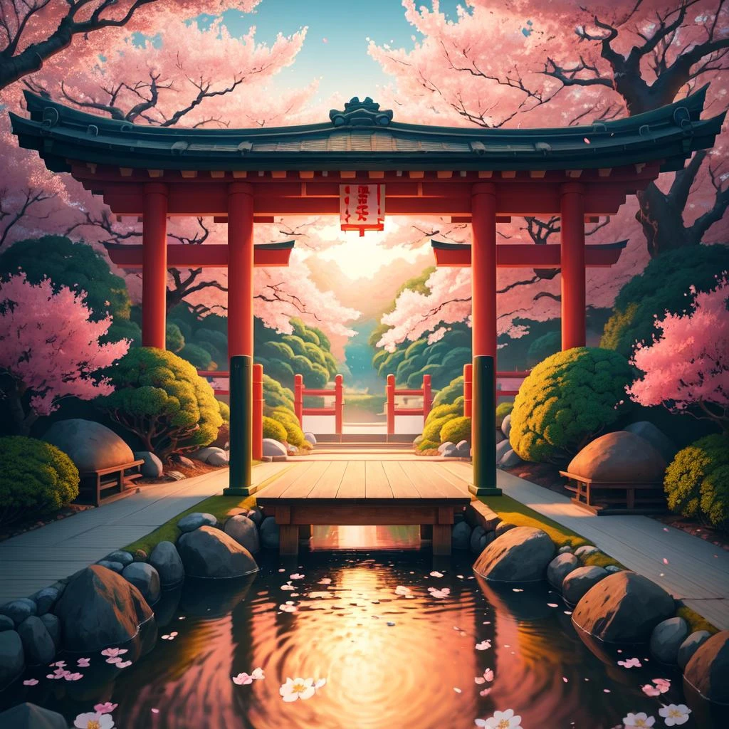 (digital painting),(best quality), serene Japanese garden, cherry blossoms in full bloom, koi pond, footbridge, pagoda, Ukiyo-e art style, Hokusai inspiration, Deviant Art popular, 8k ultra-realistic, pastel color scheme, soft lighting, golden hour, tranquil atmosphere, landscape orientation