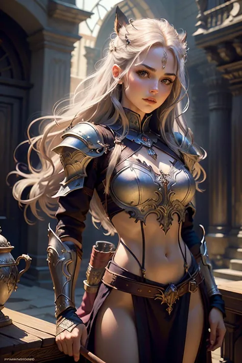 <lora:RPGElf:0.7> rpgelf, 1girl bow-shaped hair in Light Auburn with Violet eyes eyes and Low-arched eyebrows , gladiator wearing scale armor with naked torso holding mace background portrait , Enchanted music hall with magical instruments and musical creatures. in background, realistic:1.2, masterpeice, ultradetailed, intricate details, perfect quality, ultrashapr, ultradetailed, photorealistic, perfect shadows, profesional lights, realistic, blurry, boekh, masterpiece light works,depth of fiel, ultradetailed character, pefect quality, maximum quality, intricate details, detailed face By jeremy mann, by sandra chevrier, by maciej kuciara, sharp, (perfect, body:1.1), realistic, real shadow, 3d, (dark castle background:1.2), (by Michelangelo), (profesional lights:1.3) (profesional photography:1.3), full body shoot, concept art of medieval rpg character,leaning against a railing with one hand on hip