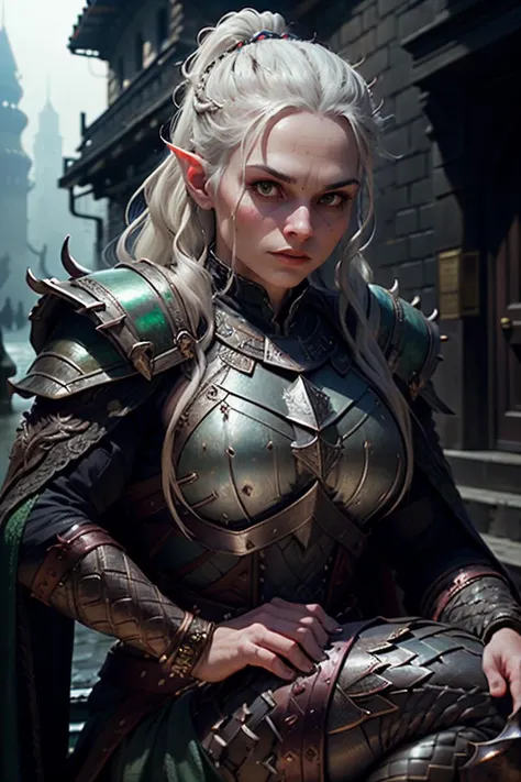 <lora:RPGLizardFolk:1> lizard folk:1.2 1girl side braid in ash blonde with Emerald eyes eyes and Straight eyebrows , defender, knight protector, wearing intricate medium armor holding Poisoned dagger wide angle, In a labyrinth of mirrors in a forgotten palace, where every reflection tells a different story, in background, realistic:1.2, masterpeice, ultradetailed, intricate details, perfect quality, ultrashapr, ultradetailed, photorealistic, perfect shadows, profesional lights, realistic, blurry, boekh, masterpiece light works,depth of fiel, ultradetailed character, pefect quality, maximum quality, intricate details, detailed face By jeremy mann, by sandra chevrier, by maciej kuciara, sharp, (perfect, body:1.1), realistic, real shadow, 3d, (dark castle background:1.2), (by Michelangelo), (profesional lights:1.3) (profesional photography:1.3), full body shoot, concept art of medieval rpg character,sitting with one leg pulled up and arms wrapped around it, looking down