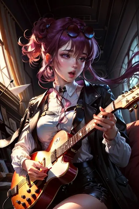 beautiful, (masterpiece:1.2), (best quality:1.2),solo,1girl,star-kafka,purple hair,eyewear on head,bangs,purple eyes,long sleeves,holding instrument, guitar, playing instrument, open mouth,  <lora:kafka-v1.6-lora-anylora-128dim-block:0.7>