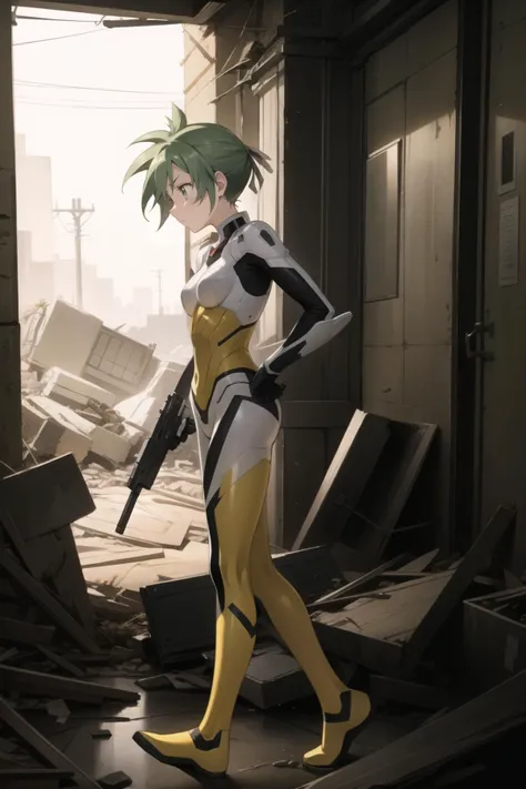 <lora:elnie-000027:1> elnie, pilot suit,
1girl, solo, hallway, from side, holding gun, serious, rubble, looking down