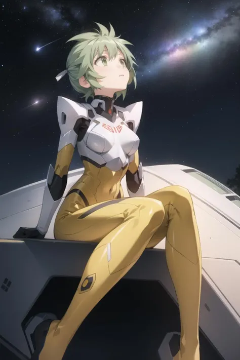 <lora:elnie-000027:1> elnie, pilot suit,
1girl, solo, sitting, mecha, looking up, worried, night sky, meteor