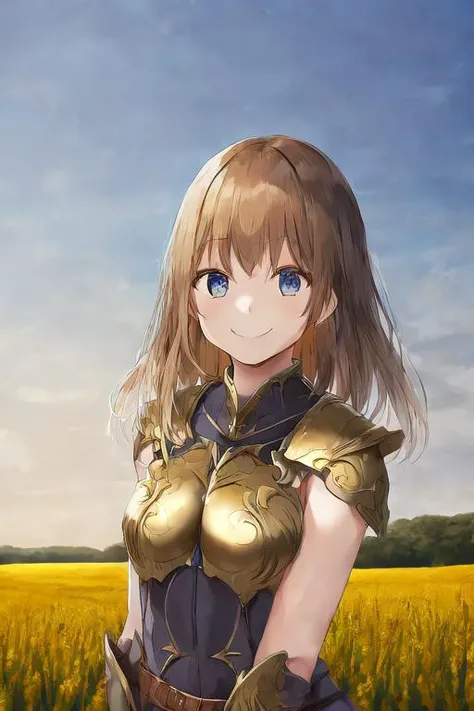 bangs, by sky-freedom, 1girl, solo, armor, fantasy, smile, bold outlines, golden hour, fields of war, dark skies, anatomy, upper body