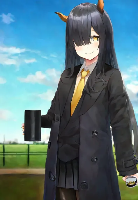 traditional media, flat, (hair covering one eye:1.2), long front bangs, black hair, 1girl,ahoge, black gloves, black hair, (black pleated skirt:1.1), blazer,long chesterfield coat, (open coat:1.2) with gold decoration , gloomy, ,,,,,,,,,,,,,,,,,,,,,,,,,,,,,,,,,,,,,,,,,,,,,,,,,,,,,,,
(yellow tie:1.3),( holding coffee mug:1.3), very long hair, black leggings, outdoors, closed mouth,( horse ears, horse girl:1.3), manhattan cafe \(umamusume\), smile, solo, standing, yellow eyes, black shirt
