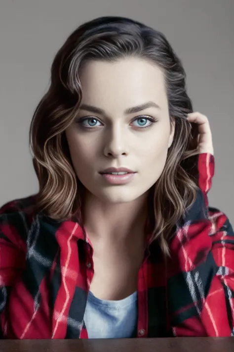 (Masterpiece Photo:1.3) of (Ultrarealistic:1.3),(Happy:1.3) robbie3 wearing checkered red and black shirt and blue jeans staring at the viewer, (checkered red and black shirt), (blue jeans),Highly Detailed,(close portrait:1.3),(Feminine:1.4),(beautiful:1.4),(attractive:1.3),calendar pose,perfectly detailed eyes,studio lighting,thematic background