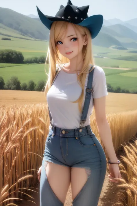 (masterpiece, best quality:1.2), <lora:attire_innerthighvents_a:1>, cowboy shot, solo, 1girl, smile, looking at viewer, blonde hair, blue eyes, overalls, jeans, clothing cutout, thigh cutout, wheat field