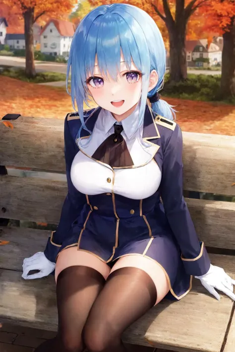 masterpiece, best quality, anemonemajonotabitabi, blue hair, black uniform, white shirt, low ponytail, light smile, long sideburns, white gloves, black stockings, new england houses, autumn, town, sitting on bench, smile, open mouth, upper teeth, bare legs, holding legs,
