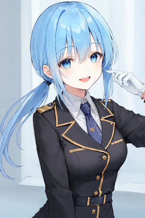 masterpiece, best quality, blue hair, low ponytail, uniform, white glove, smile, bluish-glassy eyes, dark blue eyes, dark blue tie, anemone, 1girl, open mouth, upper teeth,