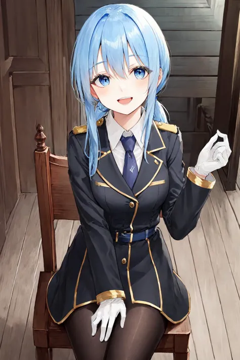 masterpiece, best quality, blue hair, low ponytail, uniform, white glove, smile, bluish-glassy eyes, dark blue eyes, dark blue tie, anemone, 1girl, open mouth, upper teeth, old house, sitting on chair, long sideburns,