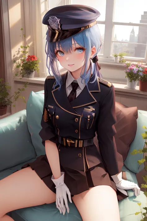 masterpiece, best quality, anemonemajonotabitabi, blue hair, black uniform, white shirt, low ponytail, light smile, long sideburns, white gloves, black stockings, new england houses, autumn, town, sitting on bench, smile, open mouth, upper teeth, bare legs, holding legs,