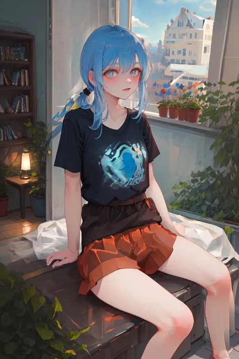 masterpiece, best quality, 1girl anemone, white background, skirt lift, bare legs, t-shirt, shorts, indoors, new england, sitting on sofa, white slove, classic lamp, animal print, teddy bear, light blue hair, sunny, landscape outside, window, spread legs, portrait,