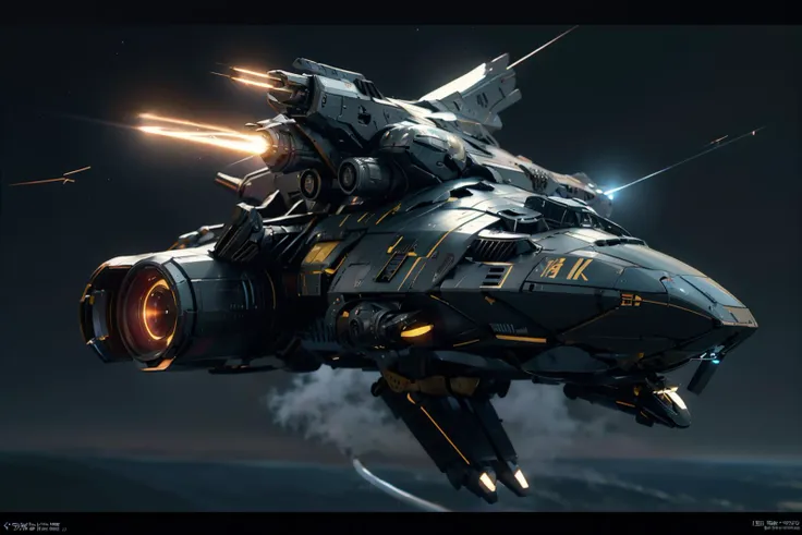 (best quality:1.4),(masterpiece:1.4),(photorealistic:1.4),(Realistic:1.2),(8K:1.2),the space battleship is equipped with laser cannons on its surface,flying in outer space,