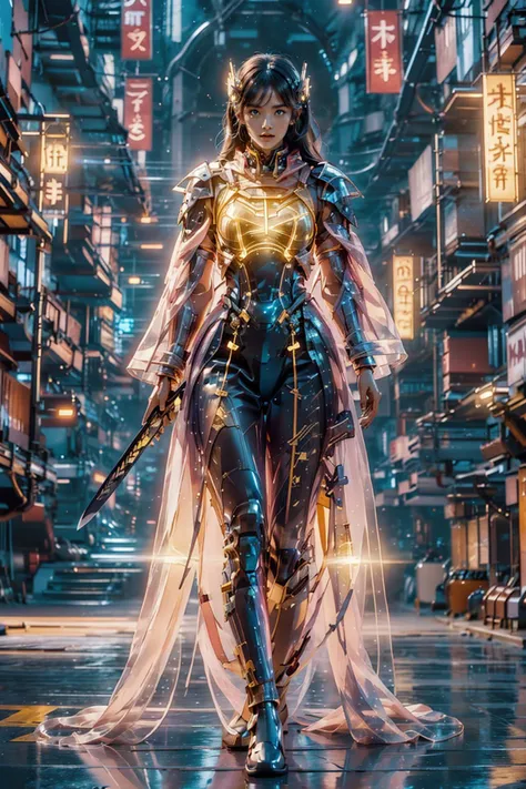 girl,<lora:bioluminescent_dress-1.0:1>,Luminous Mecha,in a flowing thick cloth cloak,wielding an glowing sword,