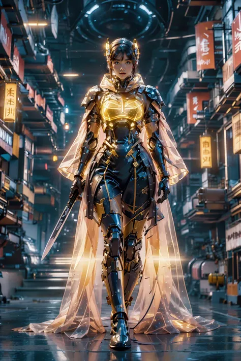 girl,<lora:bioluminescent_dress-1.0:1>,Luminous Mecha,in a flowing thick cloth cloak,wielding an blade,