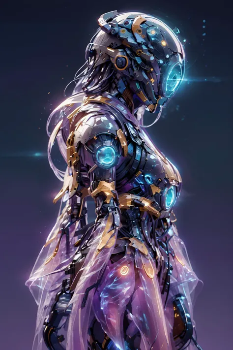 1 girl,focus on character,solo,(style-swirlmagic:0.8),solo,from side,side view,half shot,detailed face,<lora:WebbedTech:0.4>,webbedtech themesolar enchanter,(glowing eyes:1.1),(undaunted bravery,:1.05),harnessing ethereal strands of energy,mind-merge devices enhancing cognitive abilities,(simple purple background:1),(looking at viewer:1.4),<lora:bioluminescent_dress-1.0:1>,