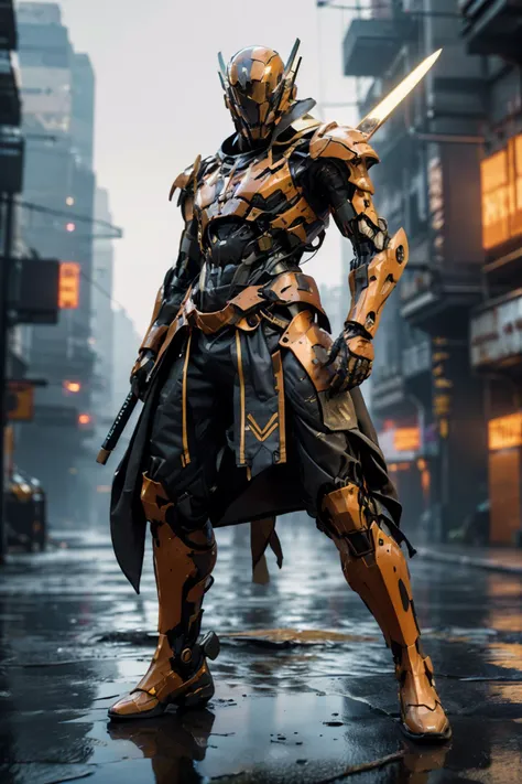 (best quality:1.4),(masterpiece:1.4),(photorealistic:1.4),(Realistic:1.2),(8K:1.2),full body,dynamic pose,action pose,the subject is a female/male android humanoid,in a flowing torn thick cloth cloak,dark orange metallic armor,wielding an obsidian blade,Rain-soaked streets,neon signs reflecting off puddles,